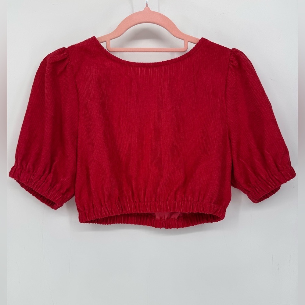 MAC Collection Corduroy Vibrant Coral Crop with Puff Sleeves Top Size Small